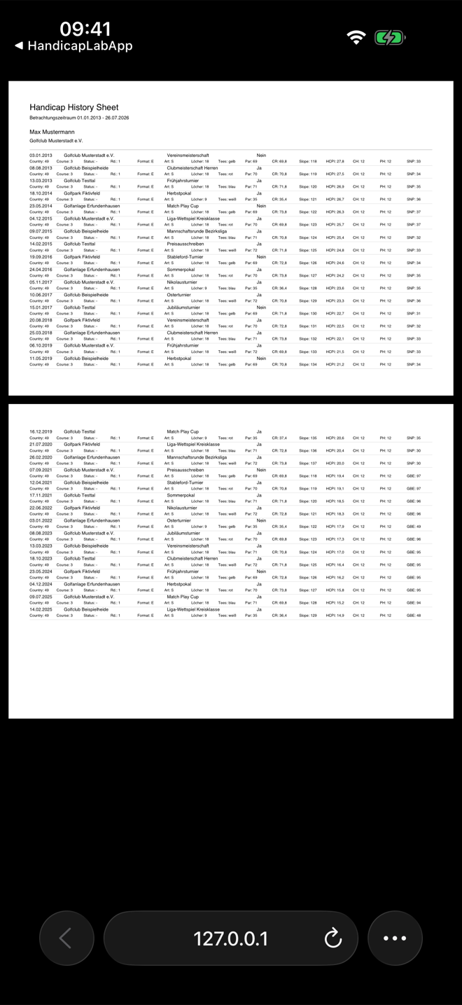 Safari zeigt das Handicap History Sheet als PDF im eingebauten Viewer, mit der Adressleiste und dem Weitere-Button unten.