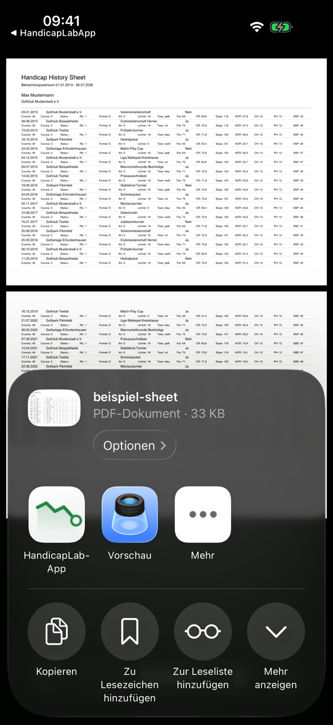 Aufgeklapptes iOS-Teilen-Menü für das PDF mit der App-Zeile, in der HandicapLab-App neben Vorschau und Mehr angezeigt wird.
